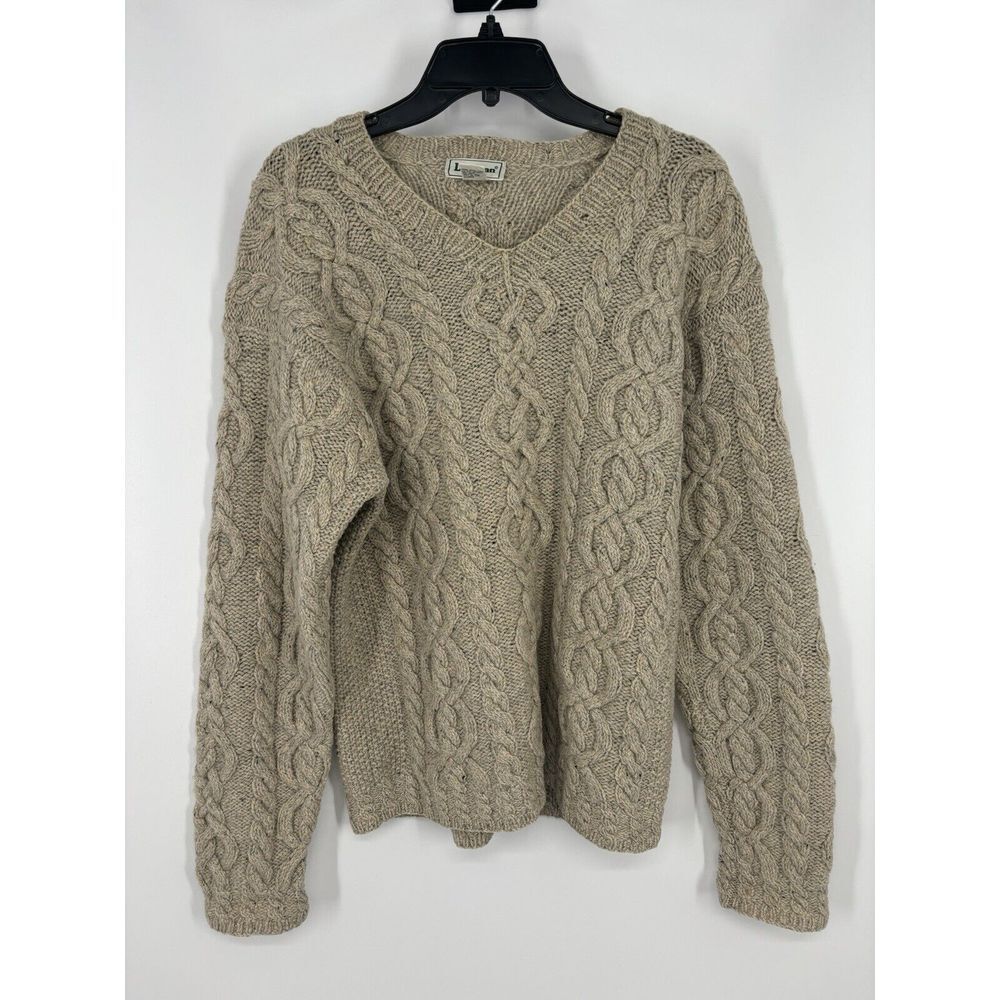 LL Bean 100% Wool‎ Cable Knit Sweater V Neck Pullover Oatmeal Mens Size Small